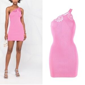 NWT SELF PORTRAIT One Shoulder Ribbed Knit Mini Dress Pop Pink Large